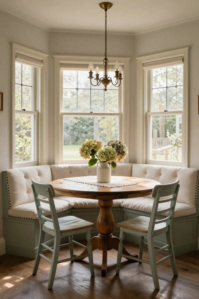 Sunlit bay window breakfast nook with tufted beige banquette seating around a round wooden pedestal table holding a vase of hydrangeas, flanked by two mint green chairs, brass chandelier overhead, and views of trees and yard through triple windows.