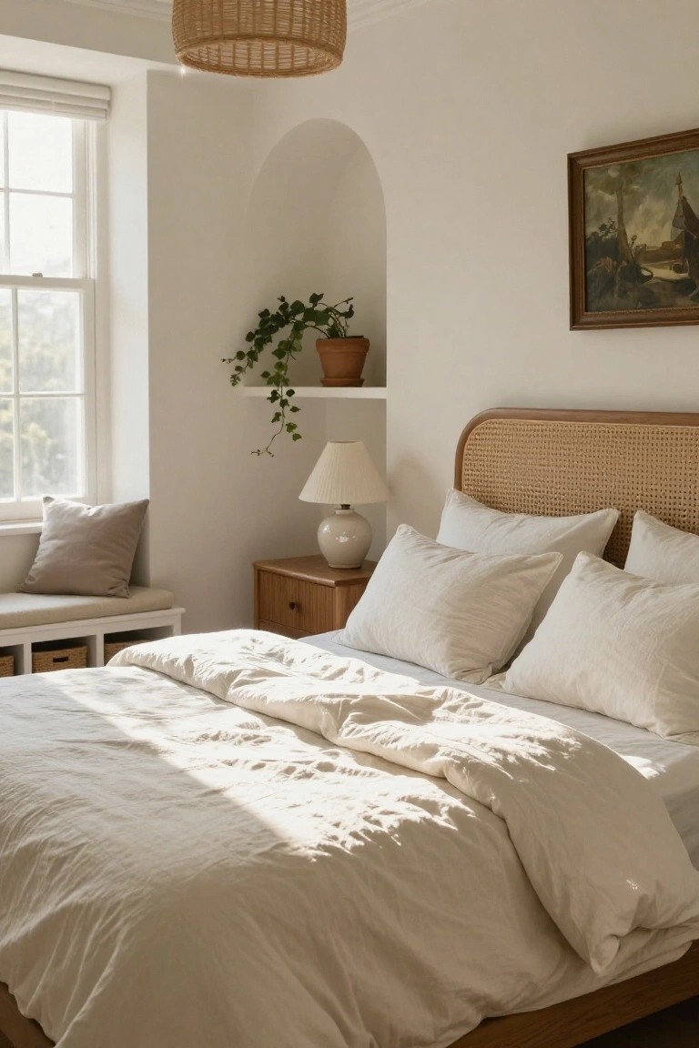 Bright bedroom with white bedding, rattan headboard, arched nook, and sunlight.