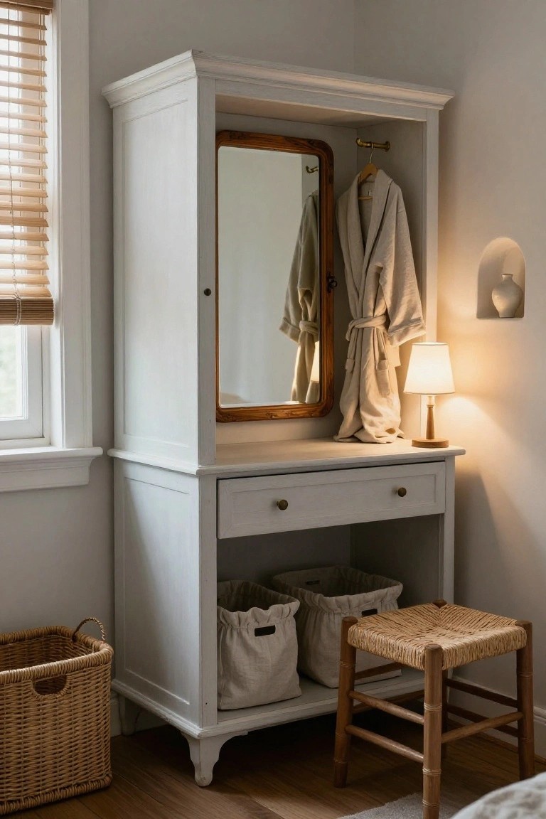 White wooden wardrobe with integrated oval mirror, brass hanging rod holding a beige robe, drawer-front vanity desk, two fabric-lined baskets in open shelves below, rattan stool nearby, table lamp, and window with blinds in a light gray room corner.
