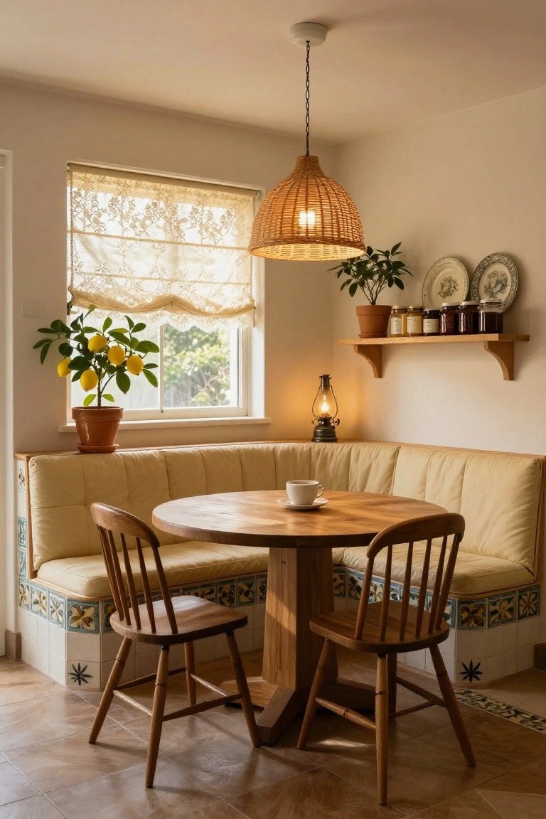 Light beige upholstered corner booth seating with round wooden table and two wooden chairs in a kitchen nook, potted lemon tree by window with lace curtains, wall shelves holding jars and plants, rattan pendant lamp overhead.