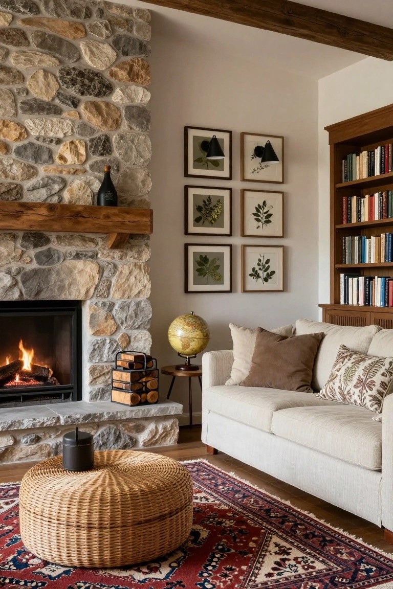 Living room interior with a tall irregular stone fireplace wall, wooden beam mantel, gas fire burning, cream sofa with pillows, bookshelves, globe on side table, woven ottoman on red patterned rug.