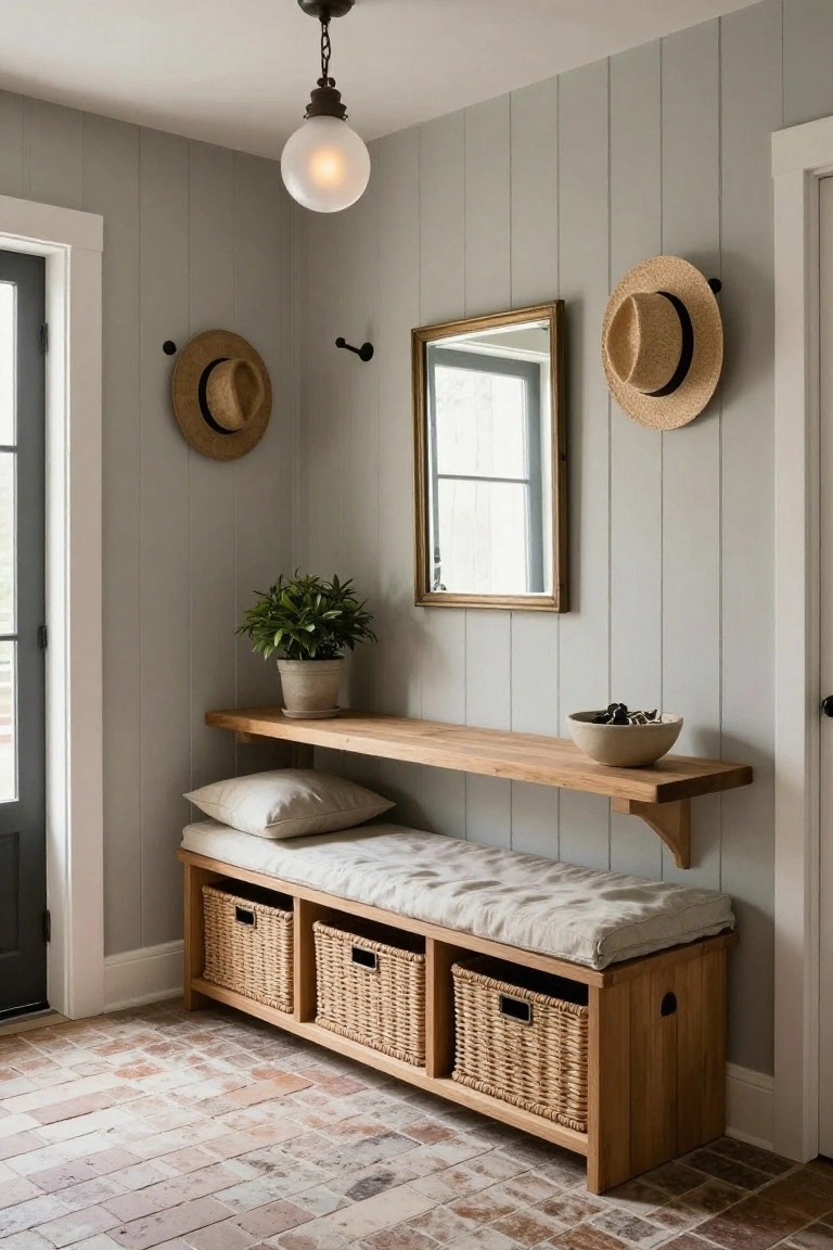 Corner of a home entryway with gray shiplap walls, a wooden bench with three wicker storage baskets underneath and beige cushions on top, a floating wooden shelf above holding a potted plant and ceramic bowl, gold-framed mirror, and two straw hats hanging on the wall, over brick flooring.