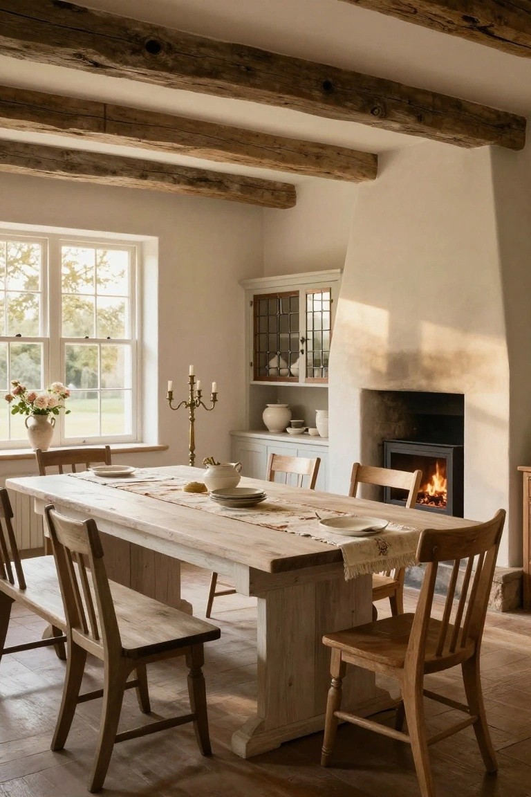 Interior view of a dining room with exposed dark wooden ceiling beams, a long whitewashed wooden table set with white plates and ceramics, wooden chairs and benches, a fireplace with fire, glazed cabinetry, and a window overlooking fields.