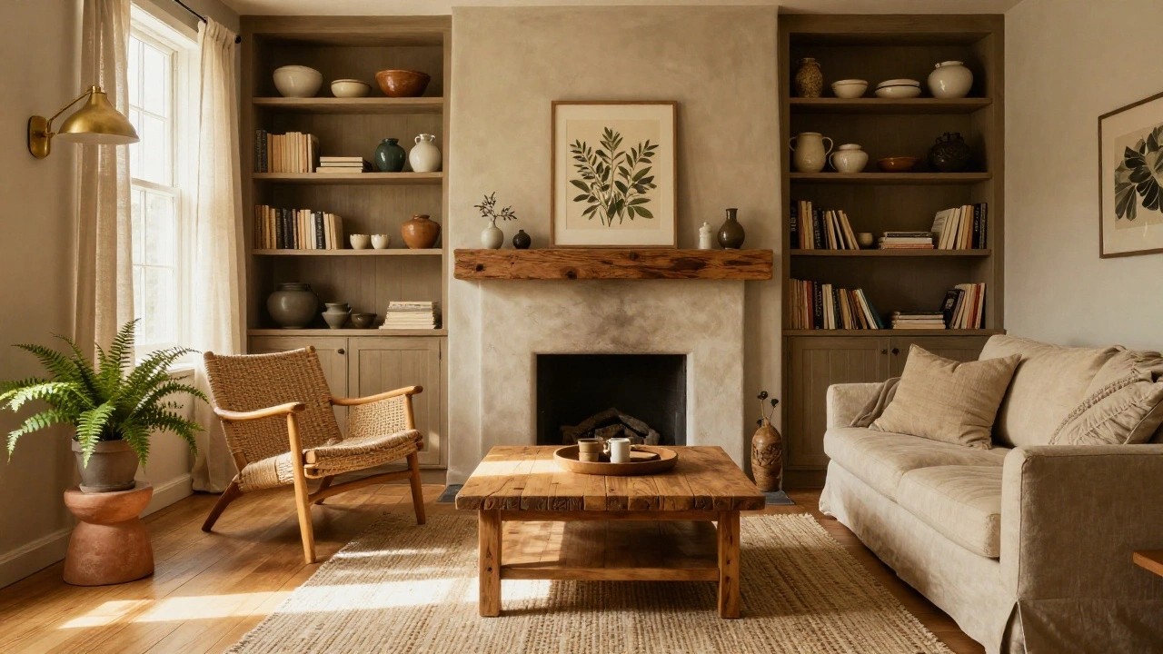 Sunlit living room with cream linen sofa, wooden coffee table, plaster fireplace flanked by wood shelves holding pottery and books, large windows with curtains, and potted plants.