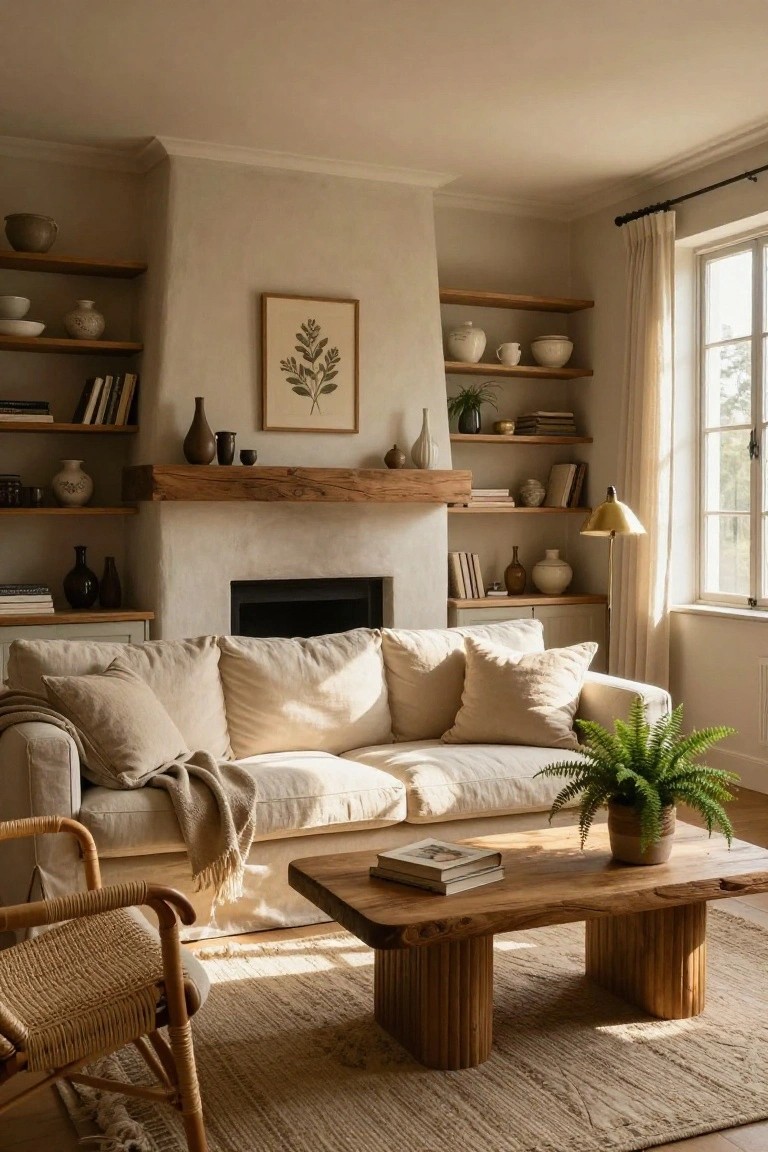 Sunlit living room with cream linen sofa, wooden coffee table, plaster fireplace flanked by wood shelves holding pottery and books, large windows with curtains, and potted plants.