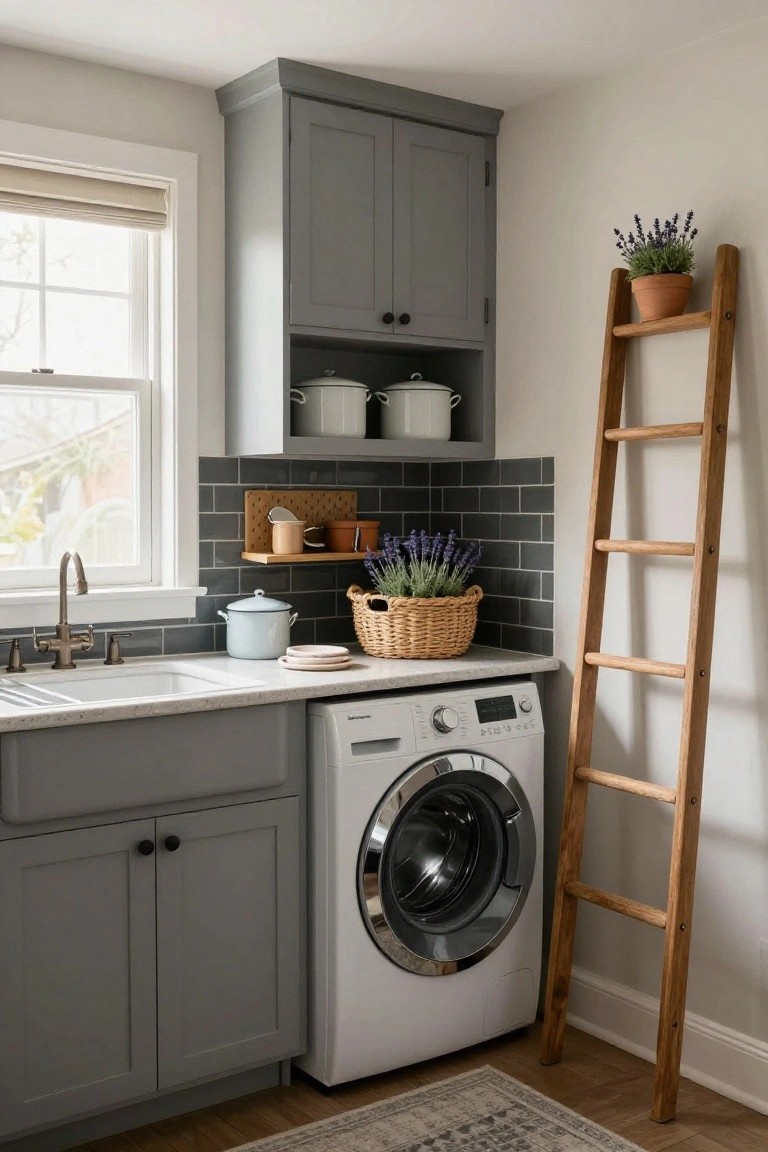 Laundry room with gray cabinets, white front-load washer, farmhouse sink on quartz countertop, dark subway tile backsplash, open shelves above sink holding white pots, and tall wooden leaning ladder shelf next to washer holding plants and basket.