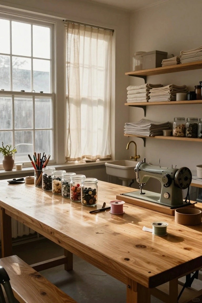 A light-filled sewing room with a long wooden table holding rows of glass jars filled with colorful buttons, a green vintage sewing machine on a side table, open shelves stocked with folded linens and fabric, and a utility sink nearby.