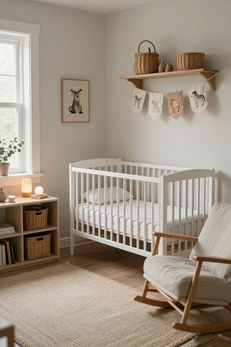 Light gray nursery room with white crib, beige rocking chair, wooden bookshelves holding wicker baskets and books, deer artwork on wall, and animal garland above shelf.