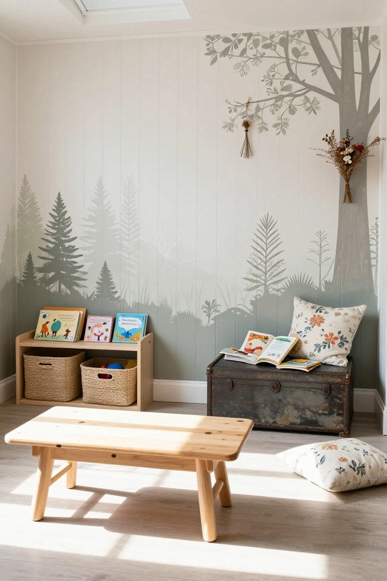 A children's playroom with pale walls featuring a gray silhouette mural of pine trees, ferns, and a large tree, wooden bookshelves holding books and baskets, a low wooden table, an antique metal trunk with open books on top, and floral cushions on light wood floors.