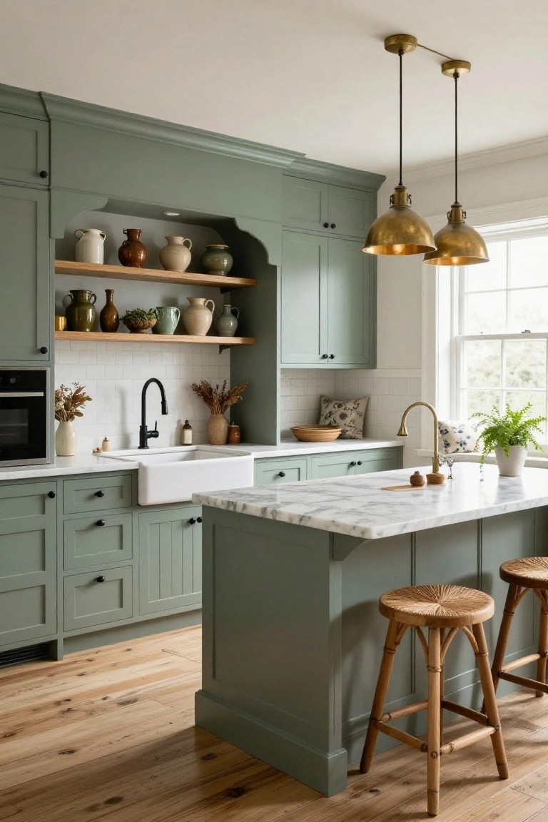 A kitchen interior with sage green shaker cabinets, white subway tile backsplash, farmhouse sink, marble-topped island with rattan bar stools, brass pendant lights and faucet, open wood shelving with pottery, and hardwood floors.
