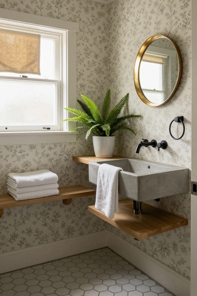 Corner bathroom with beige floral wallpaper, round gold-framed mirror, Boston fern in white pot on wooden shelf, stacked white towels, concrete sink with black wall faucet, and gray hexagonal floor tiles.