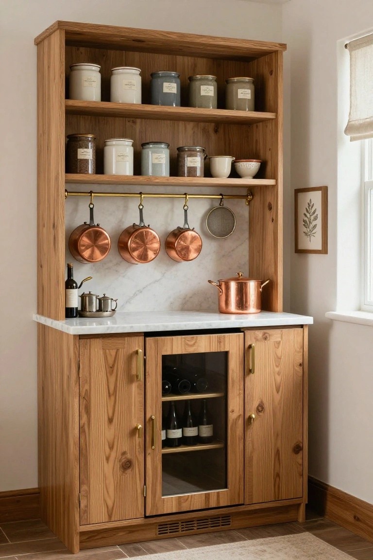 Wooden kitchen hutch with open upper shelves displaying ceramic jars, brass hanging rod with copper pots and pans, marble countertop holding wine bottle and teapots, and lower glass-front cabinets storing wine bottles.