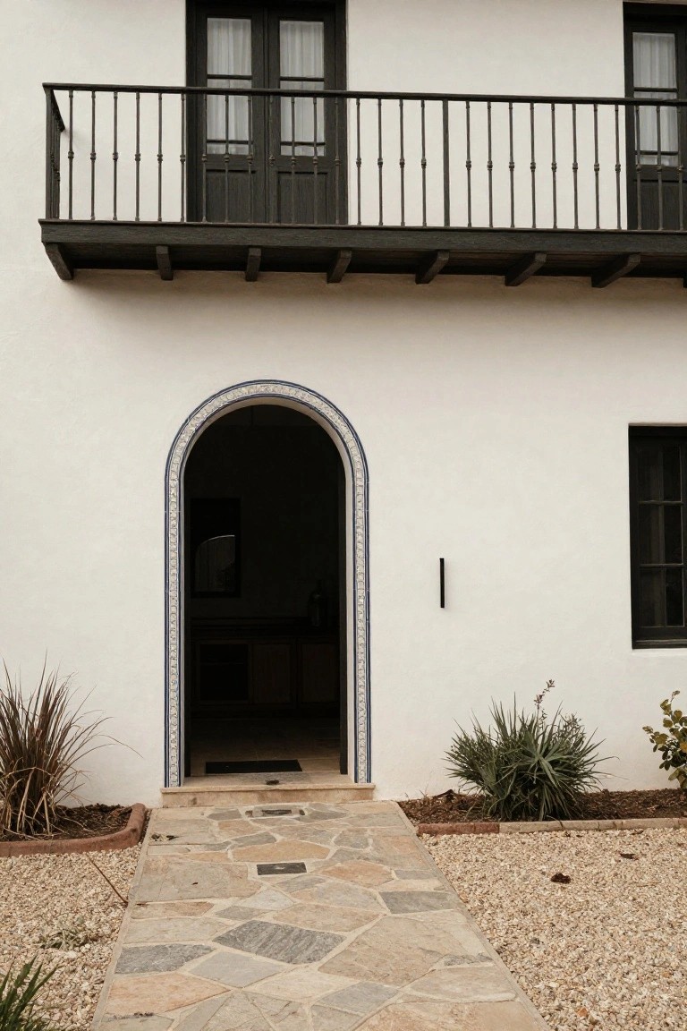 White stucco house exterior with black iron balcony, dark wood doors, blue-tiled arched entryway, stone pathway, gravel yard, and drought-tolerant plants.