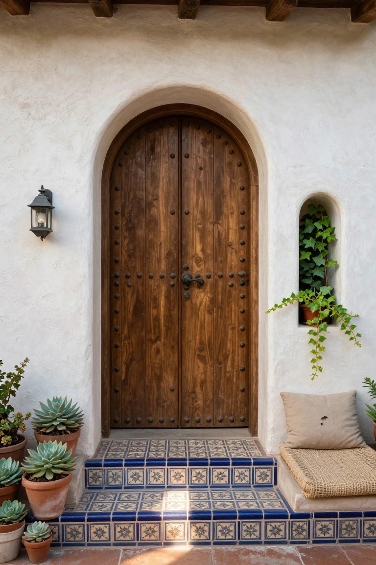 White stucco house facade featuring a tall arched dark wooden double door with iron hardware, a wall lantern, ivy in a niche, potted plants, and blue tiled steps.