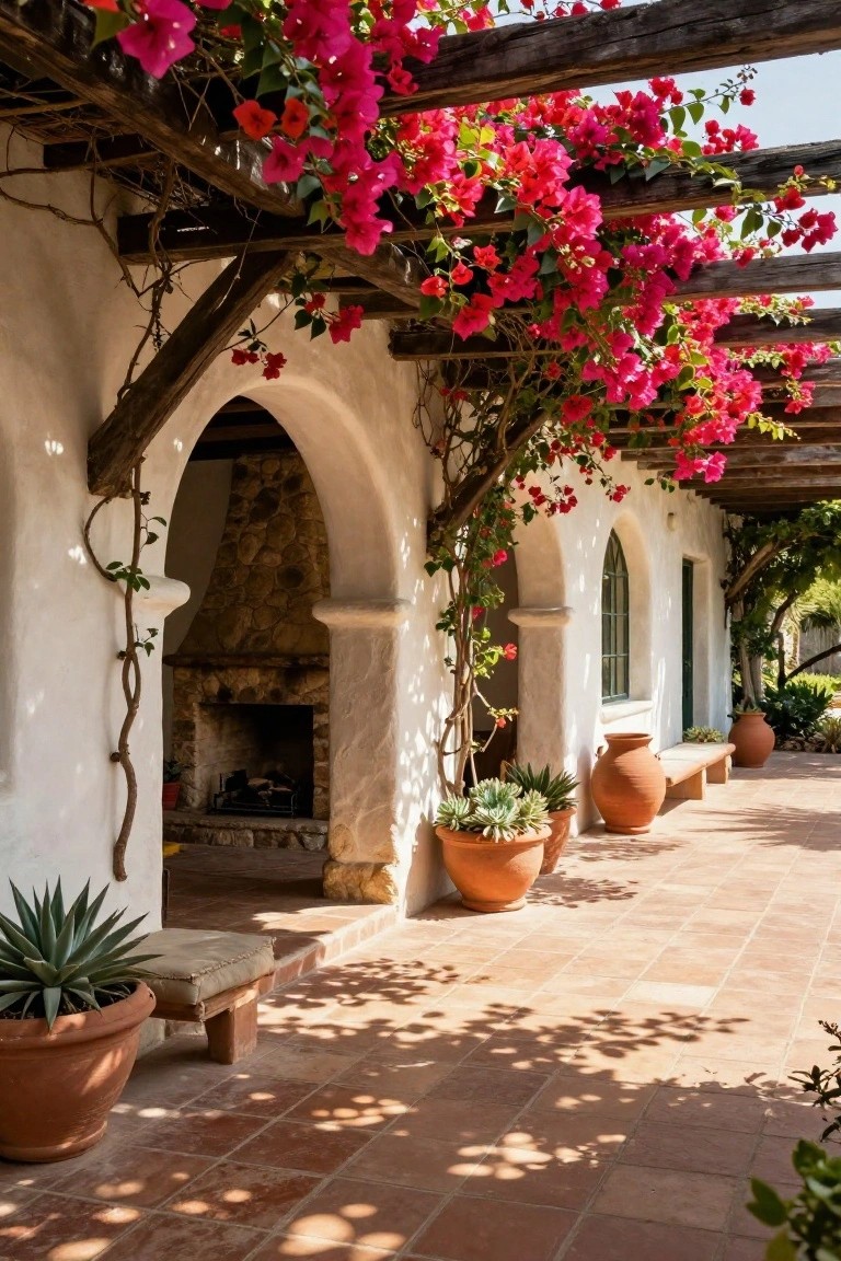 Adobe hacienda patio under wooden pergola covered in pink bougainvillea, with arched stone fireplace doorway, terracotta pots of plants, bench, and tiled floor.
