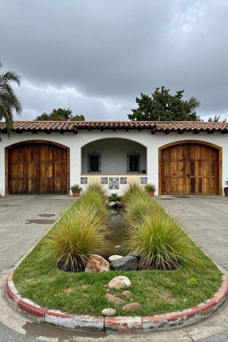 White stucco house with red tile roof, double arched wooden garage doors, arched portico with iron window and tile accents, and central oval landscaped bed containing water, grasses, and rocks in the concrete driveway under cloudy sky.
