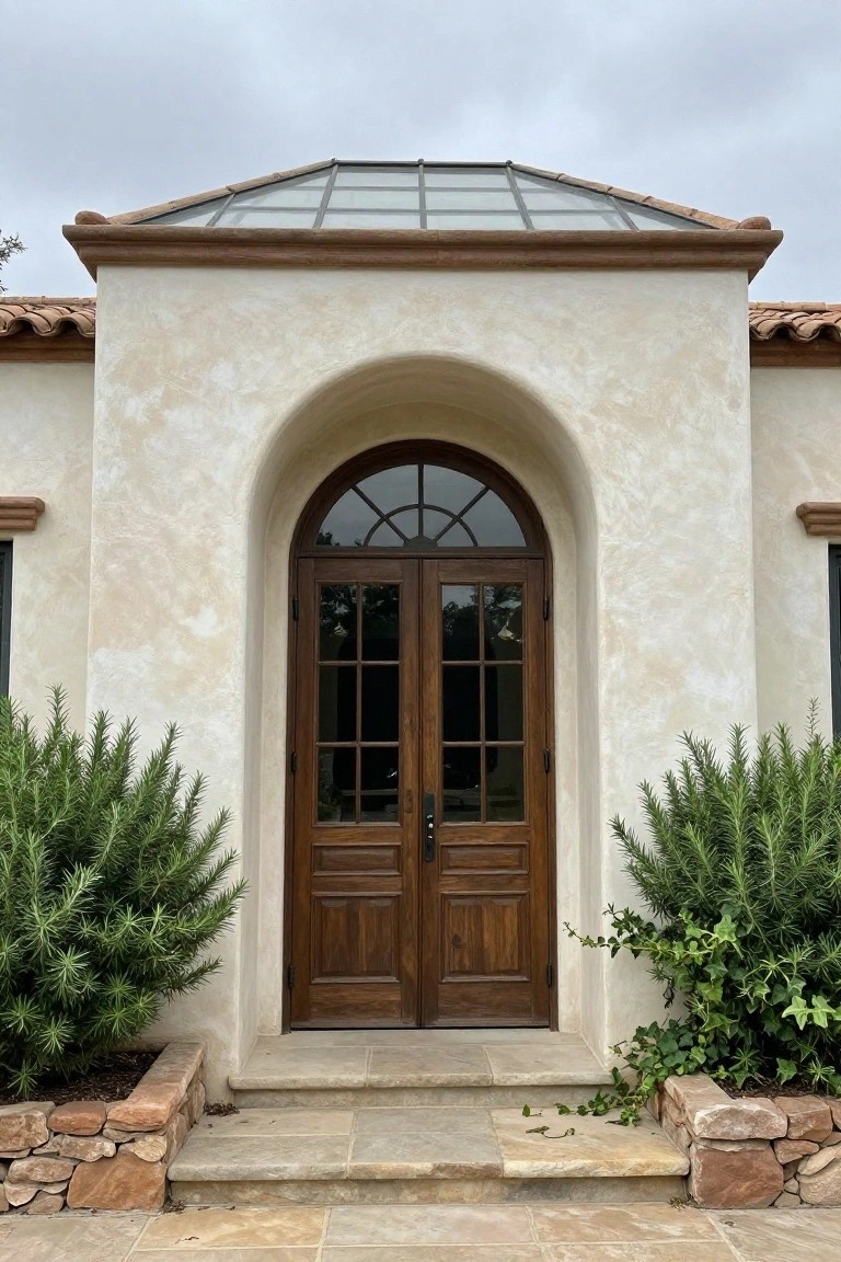 Beige stucco hacienda-style house exterior with a large arched wooden double door entry featuring glass panels and fanlight window, flanked by rosemary bushes in stone-edged planters, and stone steps leading to the door.