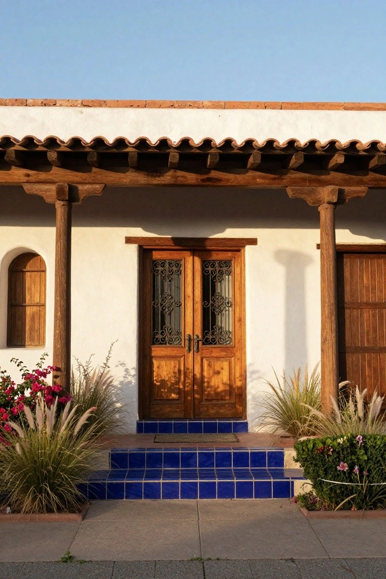 White stucco hacienda-style house exterior with wooden double doors featuring wrought-iron grilles, thick wooden porch columns under a terracotta tile roof, blue tiled entry steps, and grasses and flowers nearby.