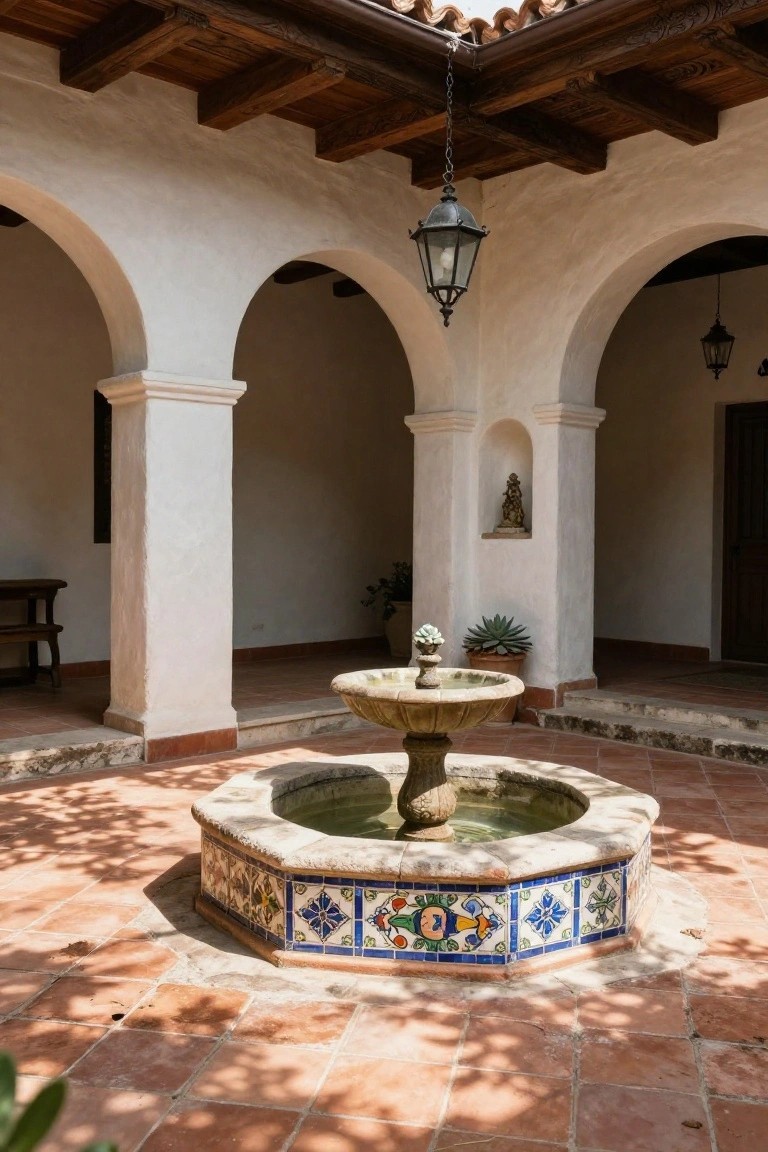 Sunlit hacienda courtyard with white stucco arches, wooden ceiling beams, central octagonal stone fountain featuring colorful blue and yellow tiled basin, potted plants, bench, and terracotta tile floor.