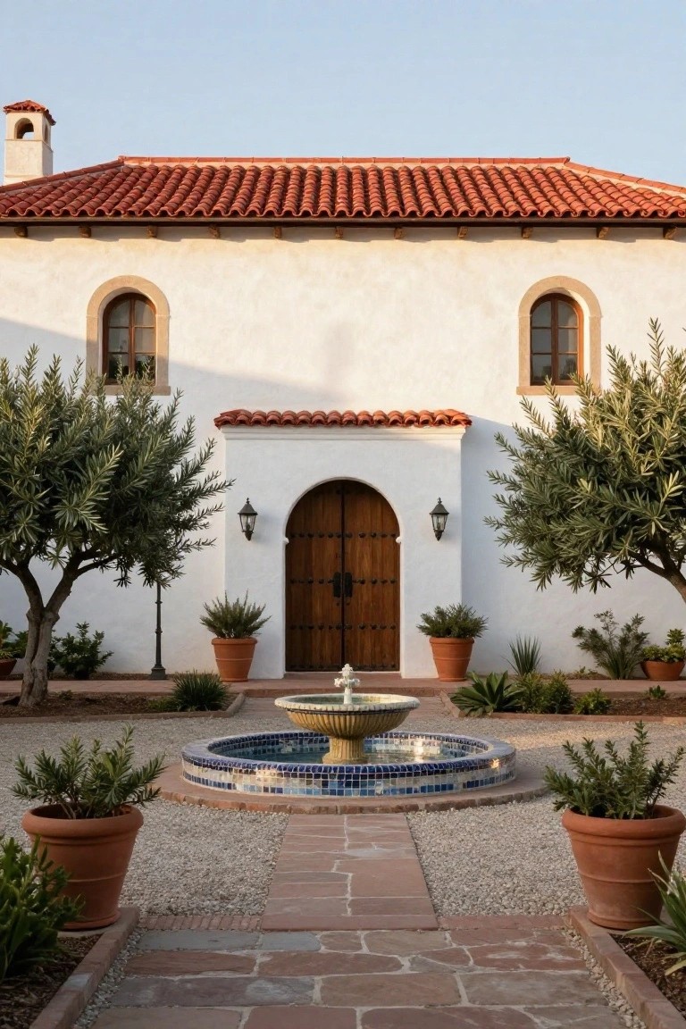 White stucco Spanish hacienda facade with red tile roof, arched wooden front door flanked by lanterns, central blue-tiled fountain in gravel courtyard with stone path, symmetrical olive trees and terracotta pots.