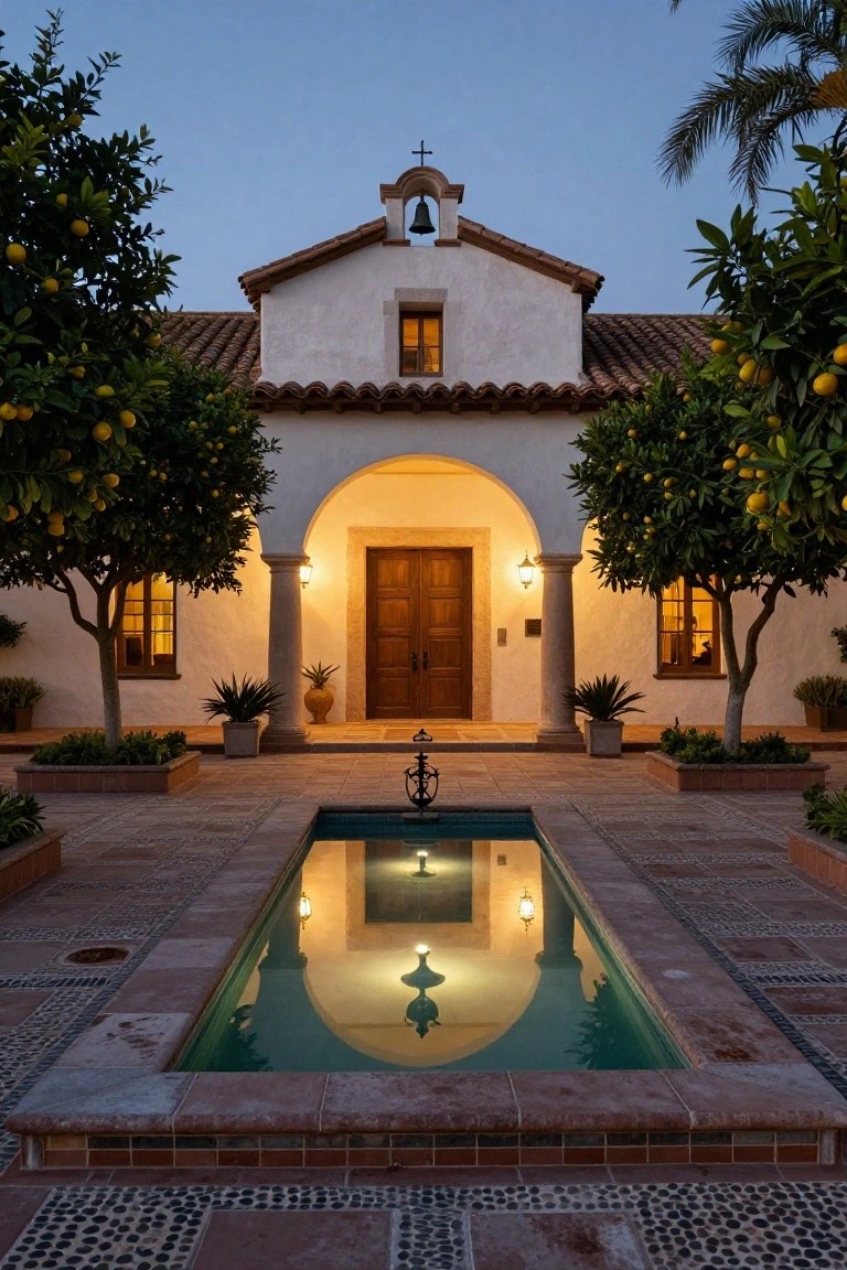 White stucco Spanish hacienda exterior at dusk with terracotta tile roof, bell tower, arched entryway with wooden double doors, central rectangular reflecting pool containing anchor sculpture, orange trees, potted plants, and lanterns.