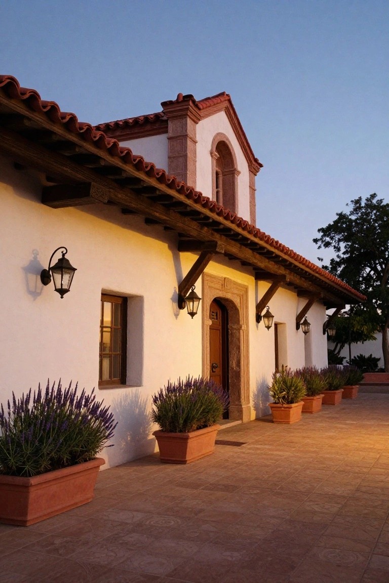 White stucco hacienda building with red tile roof, wooden arched entry door, wrought iron lanterns, and terracotta pots of lavender lining a tiled pathway at dusk.