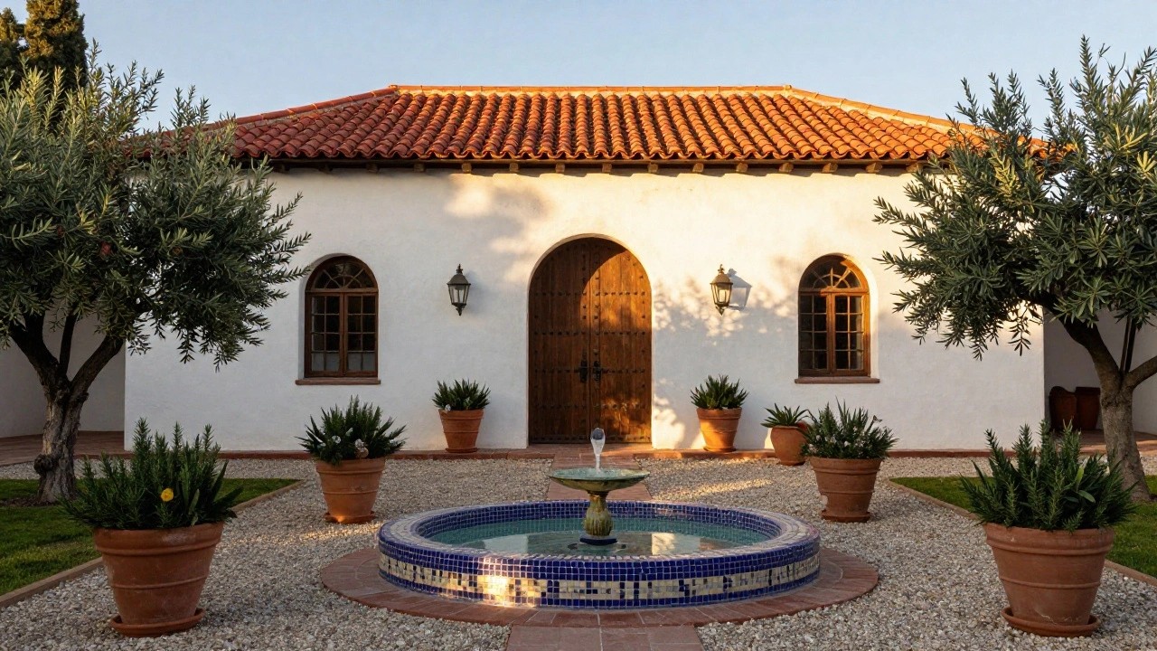White stucco Spanish hacienda facade with red tile roof, arched wooden front door flanked by lanterns, central blue-tiled fountain in gravel courtyard with stone path, symmetrical olive trees and terracotta pots.