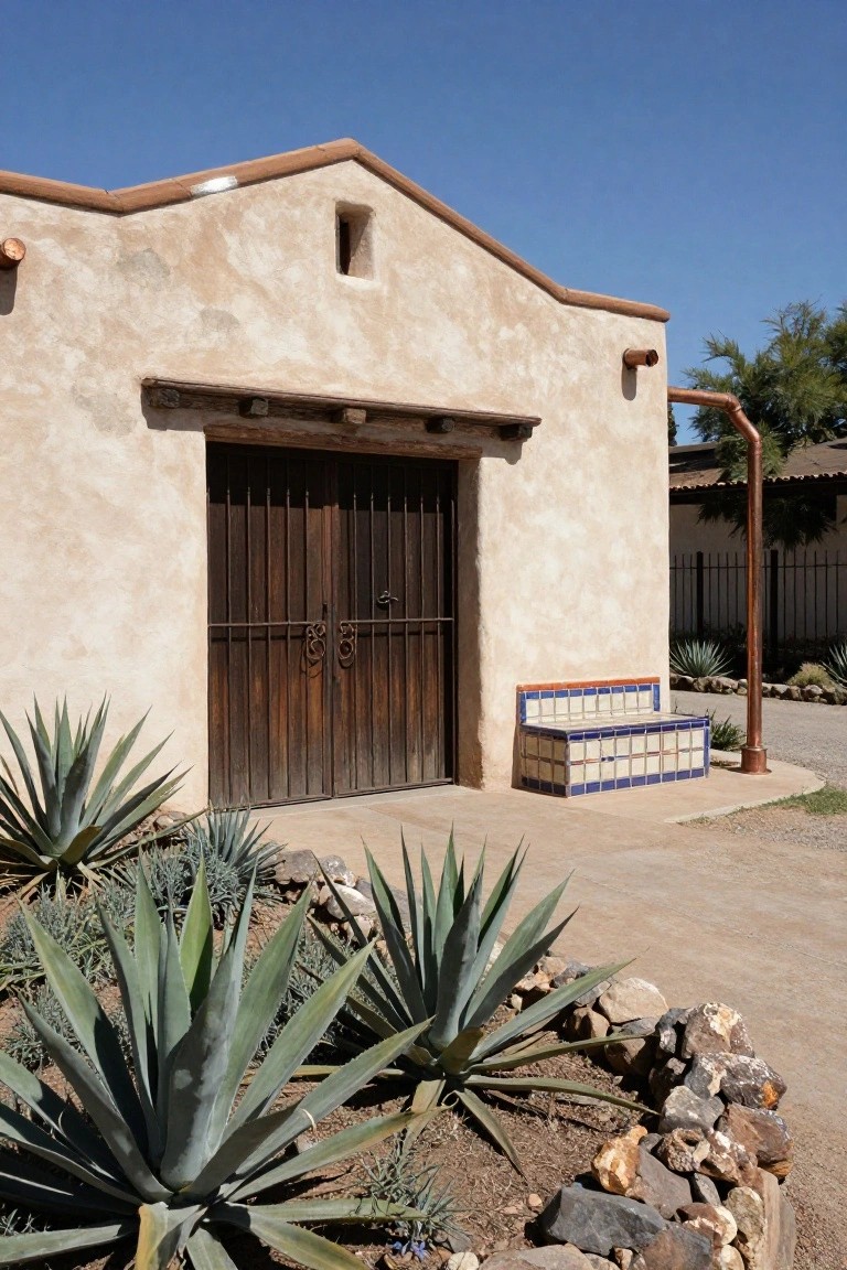 Light stucco hacienda building with a gabled roof, large dark wooden double doors featuring metal grilles and handles, a blue-and-white tiled bench against the wall, agave plants in a rock-bordered bed, and a copper downspout under a clear blue sky.