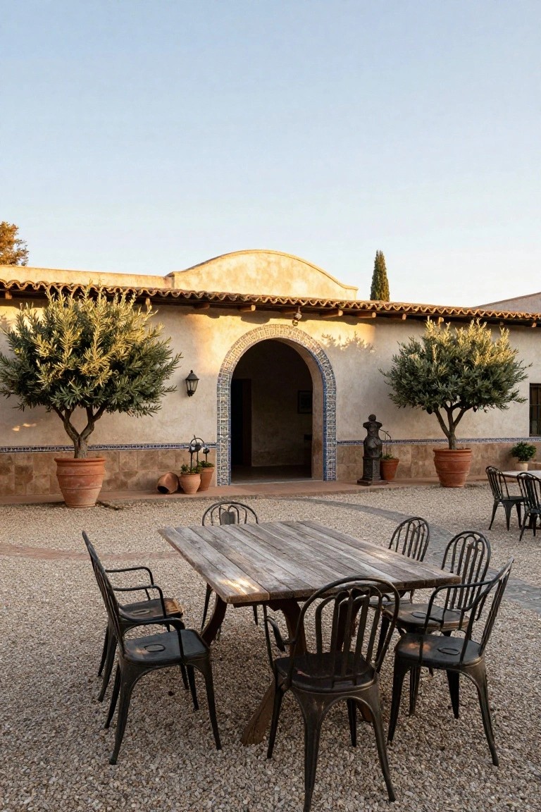Spanish hacienda exterior with beige stucco walls, arched tiled entryway flanked by potted olive trees, gravel patio with rustic wooden dining table and black metal chairs.