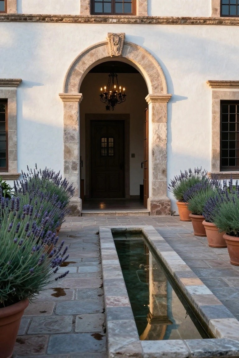 White stucco hacienda exterior with tall stone archway over wooden door, chandelier visible inside, flanked by potted lavender plants, and narrow reflecting pool in stone-paved courtyard.