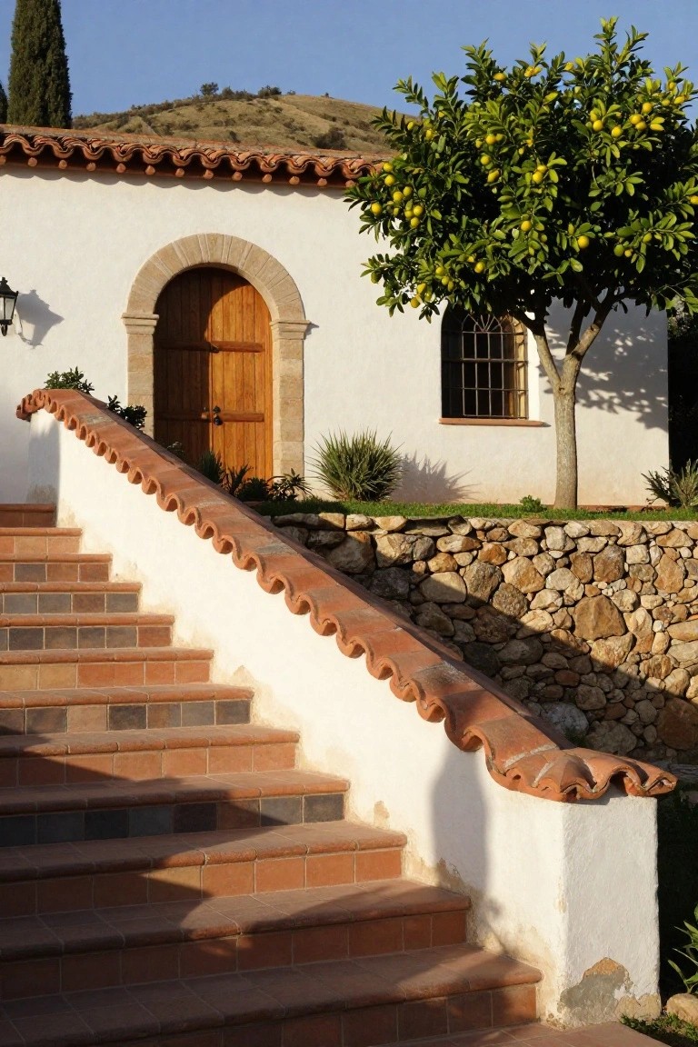 White stucco house exterior featuring a wooden arched door, curving terracotta-tiled stairs with matching wavy railing, citrus tree nearby, stone retaining wall, and hillside backdrop under blue sky.
