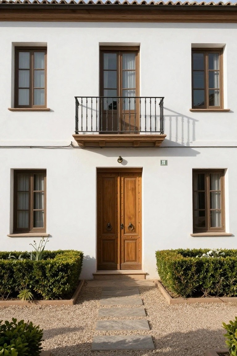 White stucco two-story house exterior with centered wooden double doors, balcony above, shuttered windows, and boxwood hedges flanking a stone path on gravel ground.