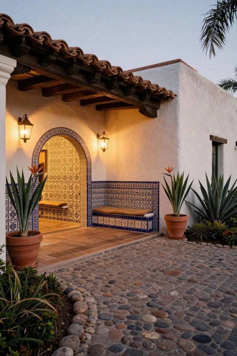 White stucco hacienda exterior with arched blue and white tiled doorway, matching tiled bench with cushions, agave plants in terracotta pots, wall lanterns, and cobblestone driveway edged with plants.