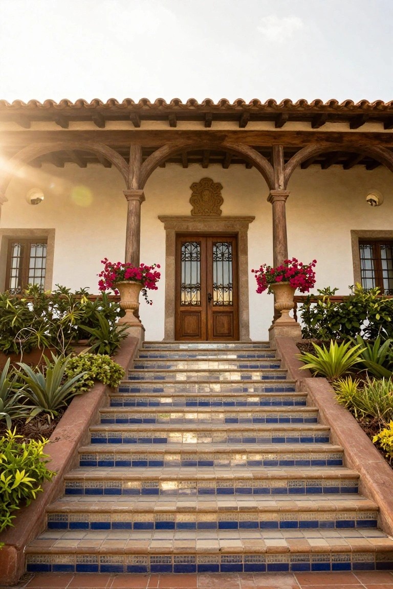 White stucco hacienda facade with wooden double doors under an arched wooden porch supported by columns, blue tiled stairs leading up from landscaped planters with agave and bougainvillea pots.