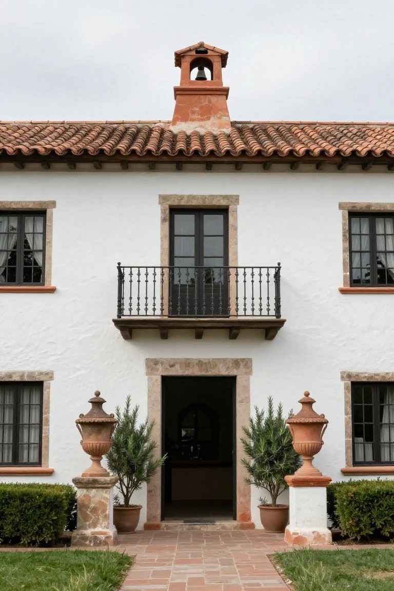 White stucco Spanish hacienda house with red tile roof, central wrought-iron balcony, black-framed windows, and two large terracotta urns with topiary trees flanking a wooden front door on a brick pathway.