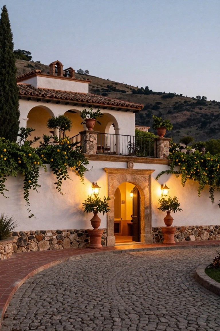 White stucco Spanish hacienda exterior at dusk with red tile roof, arched wooden entry door flanked by lanterns, climbing lemon vines on walls, potted plants, stone base, and curving cobblestone driveway.