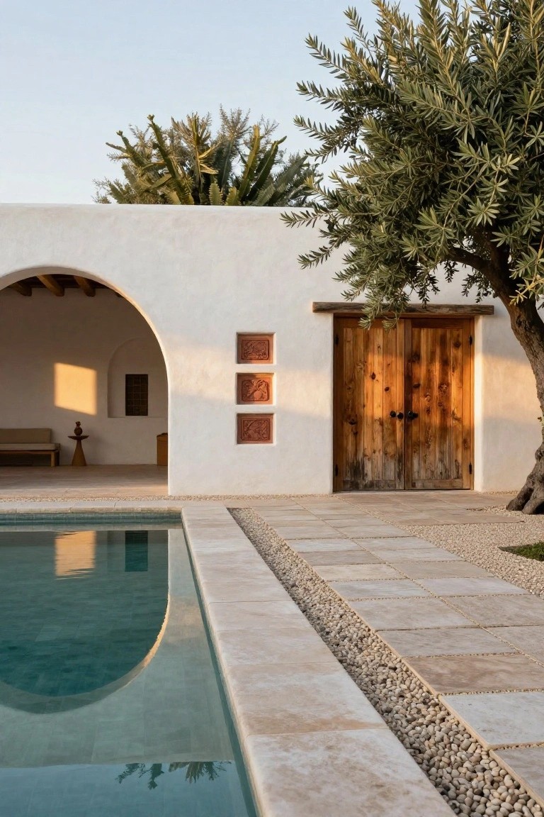White stucco hacienda exterior wall featuring an arched opening, three terracotta relief panels, rustic wooden double doors under an olive tree, and the edge of a turquoise pool with pebble and tile border.