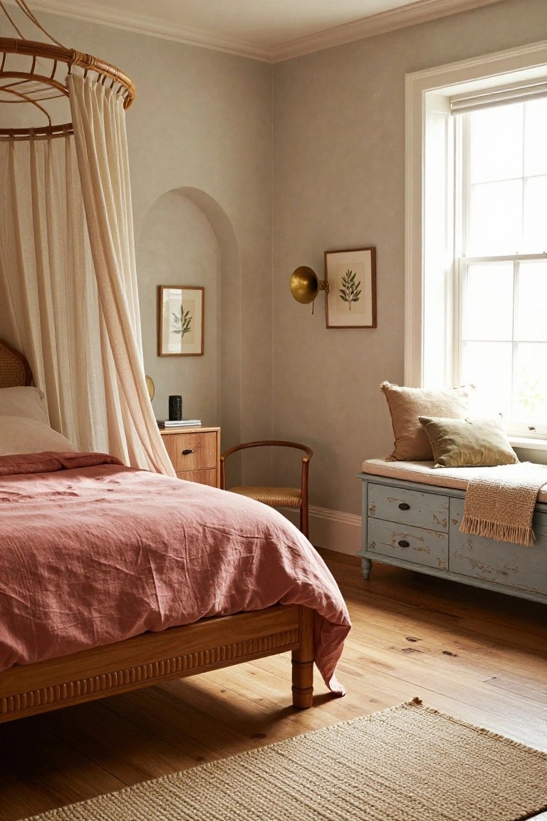 Bedroom with a rattan canopy frame draped in sheer white fabric over a wooden bed covered in pink linen bedding, beside a blue painted dresser with window seat, in a light gray room with hardwood floors.