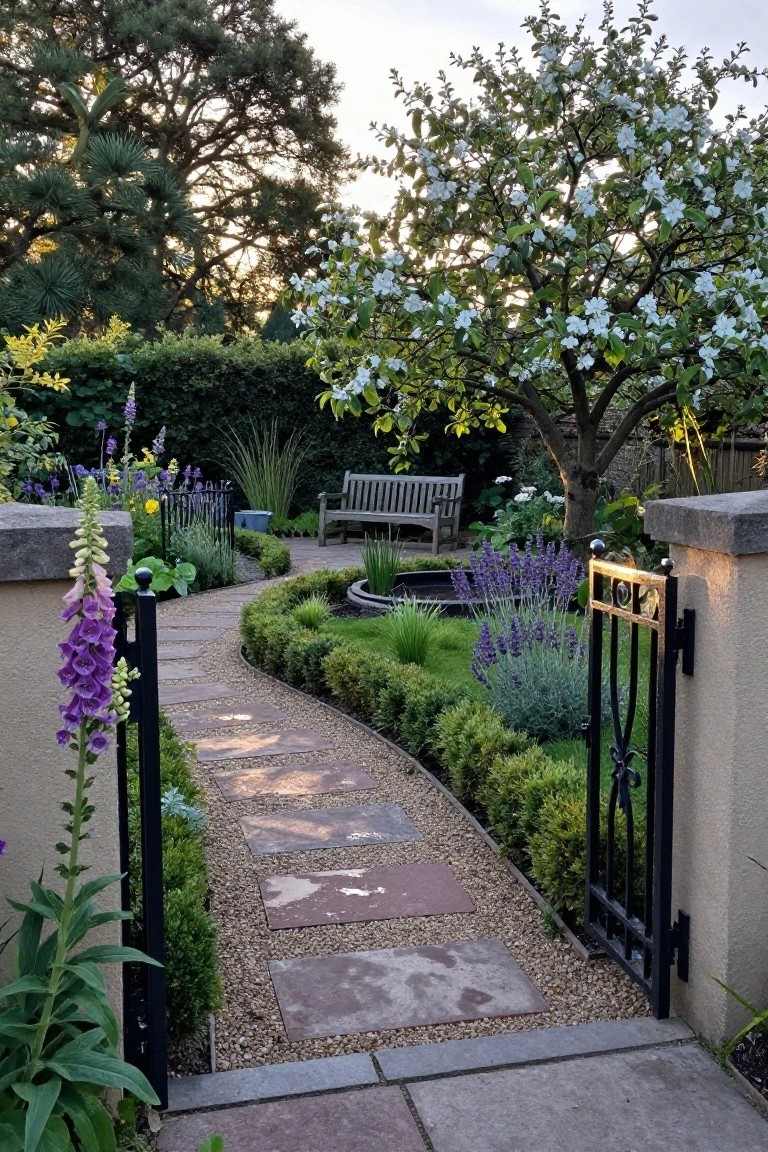 Wrought iron gate flanked by tall purple foxglove flowers opens onto a curving path of stone slabs and gravel bordered by green hedges, lavender plants, and a distant wooden bench in a garden with trees.