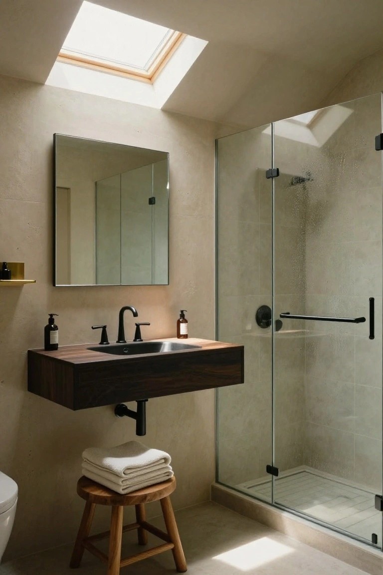 Modern bathroom with beige textured walls, floating dark wood vanity and matte black faucet, glass shower enclosure with black hardware, overhead skylight, wooden stool stacked with white towels, and white toilet.