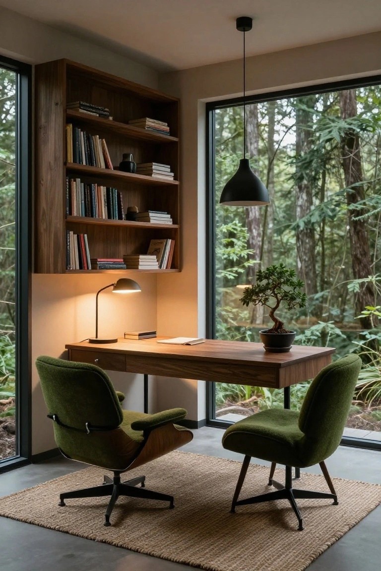 Modern home office interior with corner walnut built-in bookshelves filled with books, a wooden desk topped with a lamp and bonsai tree, two green upholstered chairs, and floor-to-ceiling windows overlooking a dense green forest.