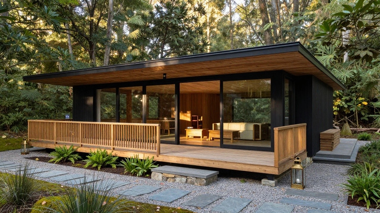Exterior of a mid-century modern cabin featuring a stone base, large black-framed sliding glass doors, overhanging wooden roof over a deck, wall lantern, wooden steps, and a stone path through ferns and gravel in a dense forest.