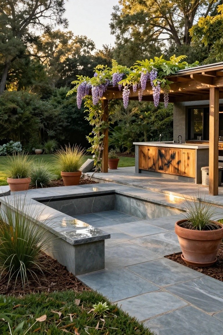 Wooden pergola covered in purple wisteria vines shading an outdoor kitchen with wooden cabinets, sink, and countertop, next to a sunken rectangular stone fire pit on a gray slate patio surrounded by potted grasses and trees.