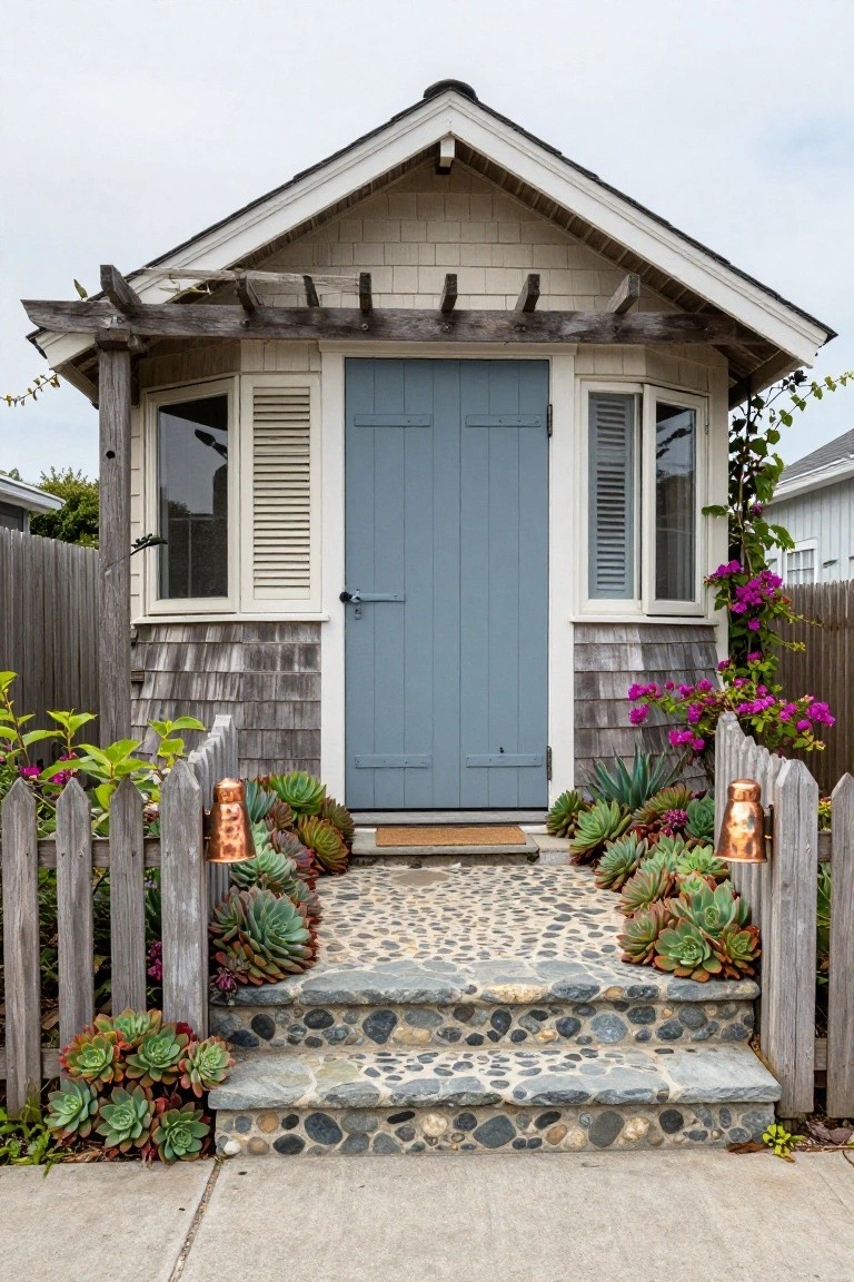 Small shingle-clad cottage exterior featuring dark blue double doors with white shutters on bay windows, wooden pergola overhead, pebble stone steps, succulents, copper lanterns, and picket fence in a garden setting.