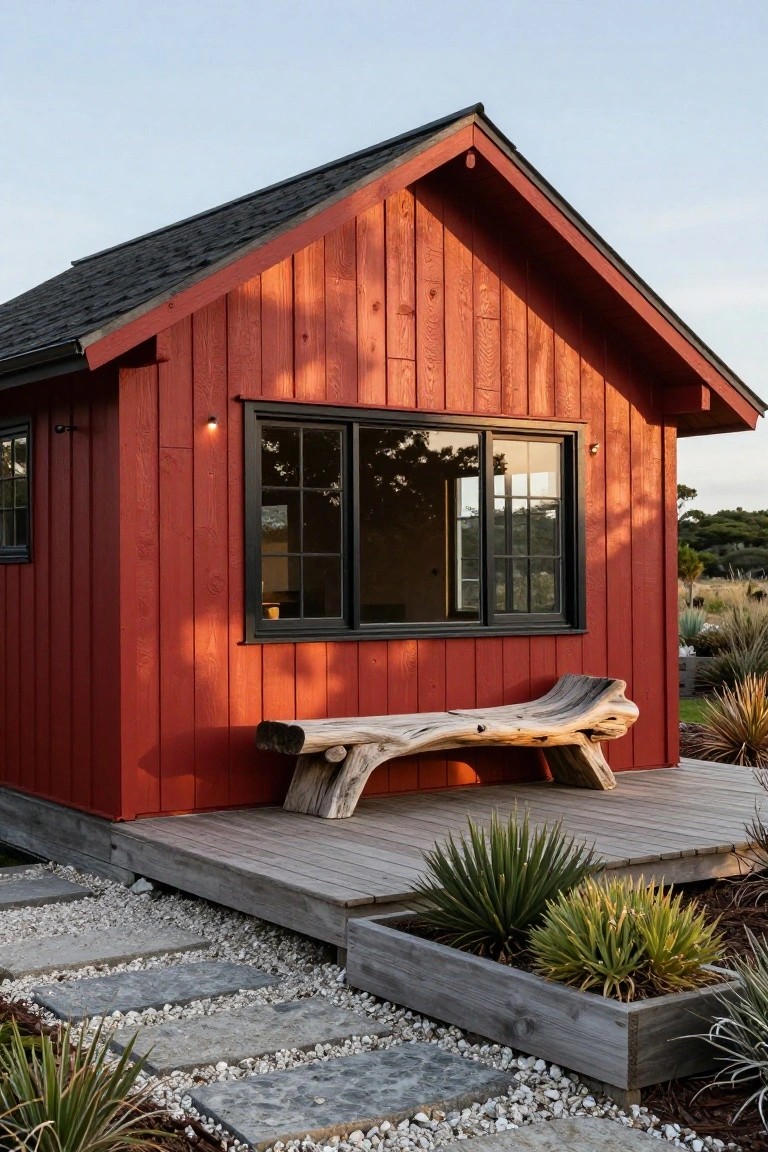 Red board-and-batten wooden cottage with black-framed windows and gabled roof, wooden deck with driftwood bench, gravel pathway, and agave plants in a coastal landscape.