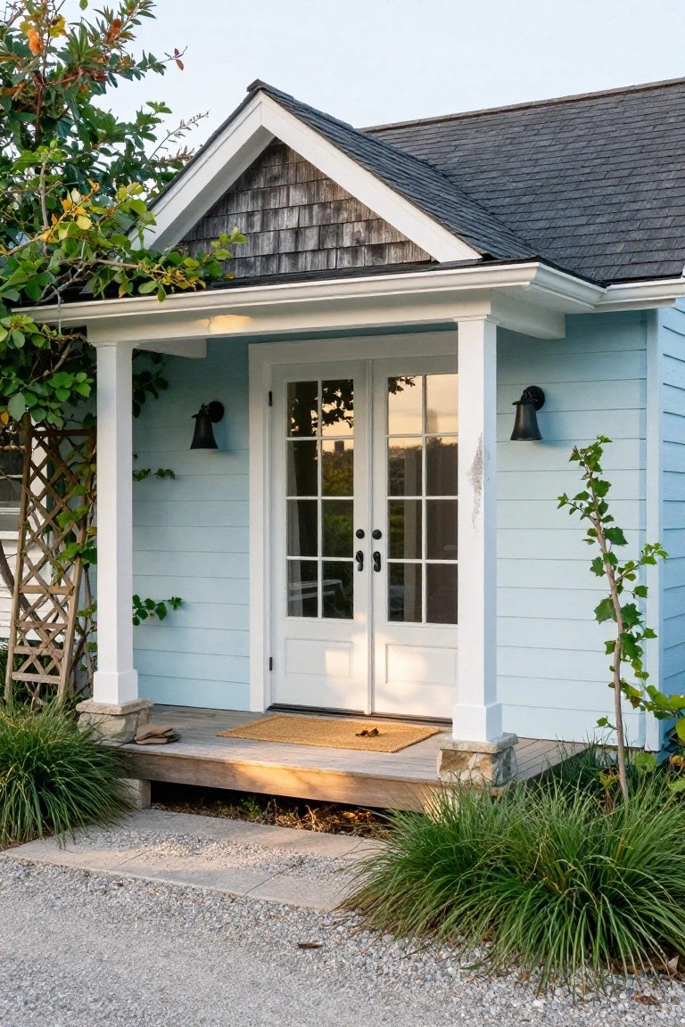 Light blue clapboard cottage exterior with gabled shingle roof overhang, white columns supporting covered porch, white French doors, black lanterns, plants, and gravel driveway.