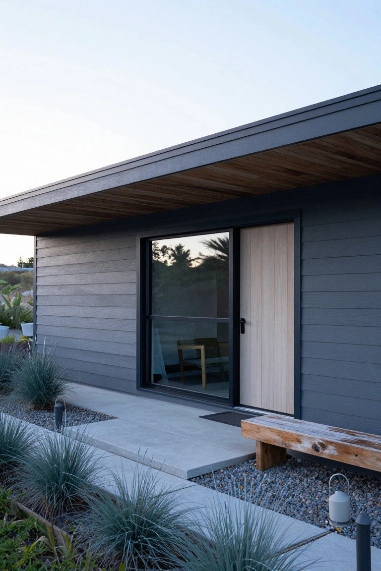 Modern beach cottage exterior with dark gray shiplap siding, wooden overhang above a light wood entry door and sliding glass door, concrete porch with wooden bench, gravel area, and blue agave plants.