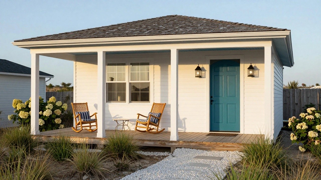 White shingled beach cottage with turquoise arched front door, flanked by lanterns, porch with wicker rocking chairs, hydrangeas nearby, gravel path, and surrounding dune grass.