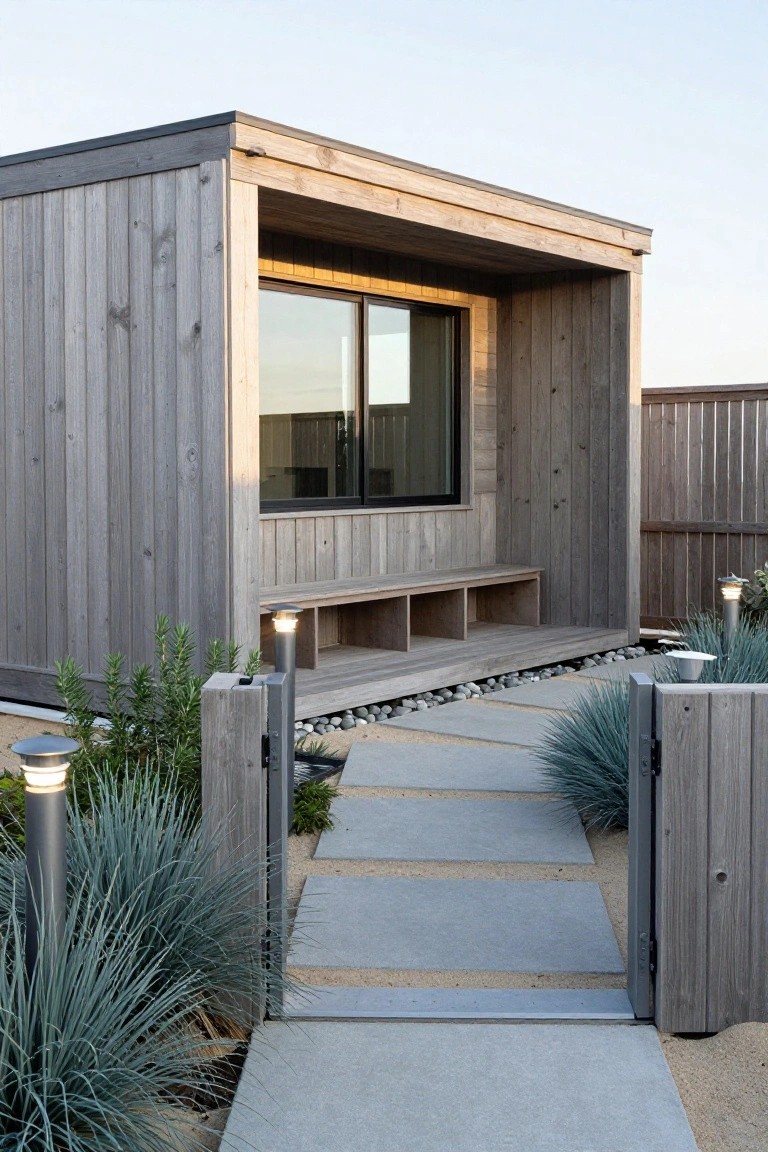 Gray vertical wood-clad modern cottage exterior with large window, built-in bench under overhang, stone pathway, agave plants, and wooden gate in sandy yard.