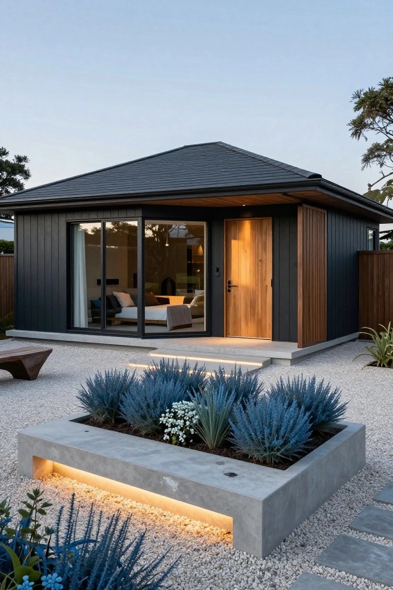 Small modern cottage with black vertical wood siding, overhanging dark roof, large glass sliding doors showing bedroom interior, light wood entry door, wooden bench, concrete planter with agave plants, and gravel landscaping at dusk.
